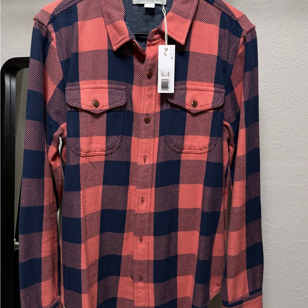 Outerknown Orange and Blue Plaid Button-Up Shirt